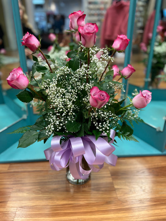 Dozen Lavender Roses with Baby's Breath