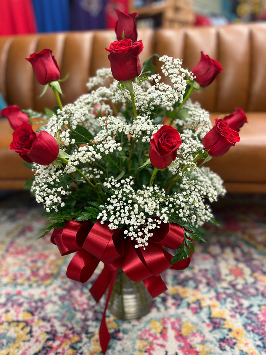 Dozen Red Roses with Babys Breath
