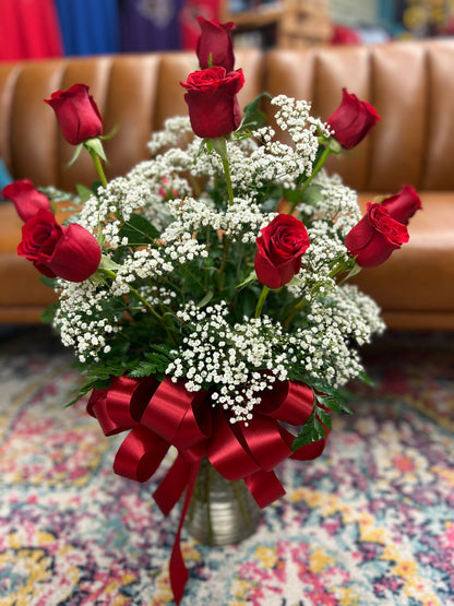 Dozen Red Roses with Babys Breath – THE FLOWER BOX & GIFTS, Sweetwater TX